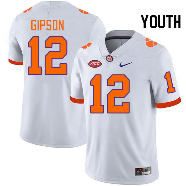 Youth #12 Corian Gipson Clemson Tigers College Football Jerseys Stitched-White